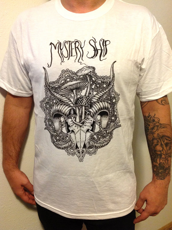 Mystery Ship Skull and Shrooms mens t-shirt